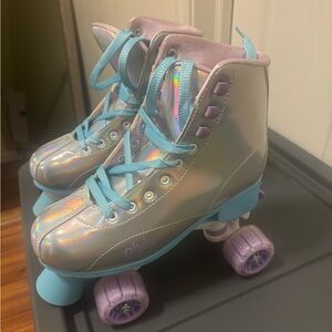 Holographic Roller Skates with Purple Wheels